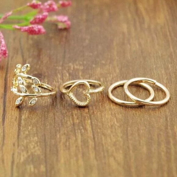 4 Piece Golden Heart Vine Midi Ring Set - Picture 3 of 6